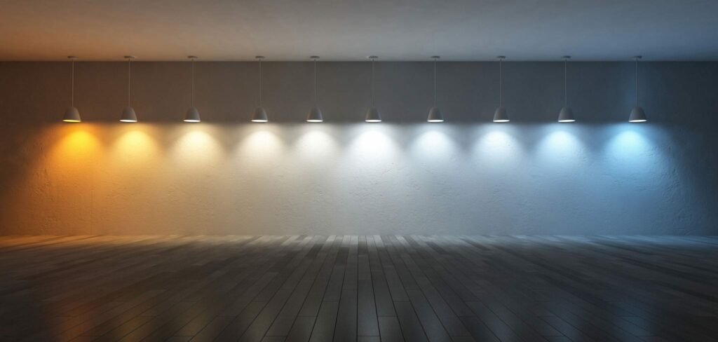 hanging lamps with bulbs of different color temperatures and types of white light